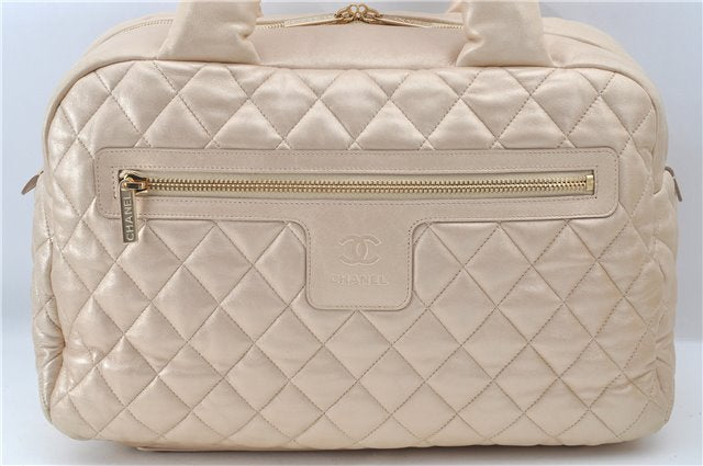 Authentic Chanel Coco Cocoon Matelasse CC Logo Nylon Hand Boston Bag Beige J9118