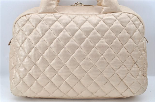 Authentic Chanel Coco Cocoon Matelasse CC Logo Nylon Hand Boston Bag Beige J9118