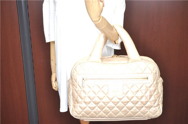 Authentic Chanel Coco Cocoon Matelasse CC Logo Nylon Hand Boston Bag Beige J9118