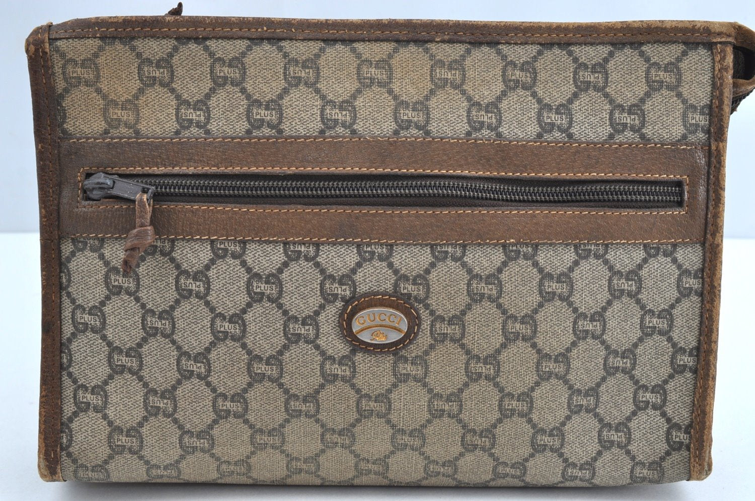 Authentic GUCCI Clutch Hand Bag Purse GG Plus PVC Leather Brown J9157