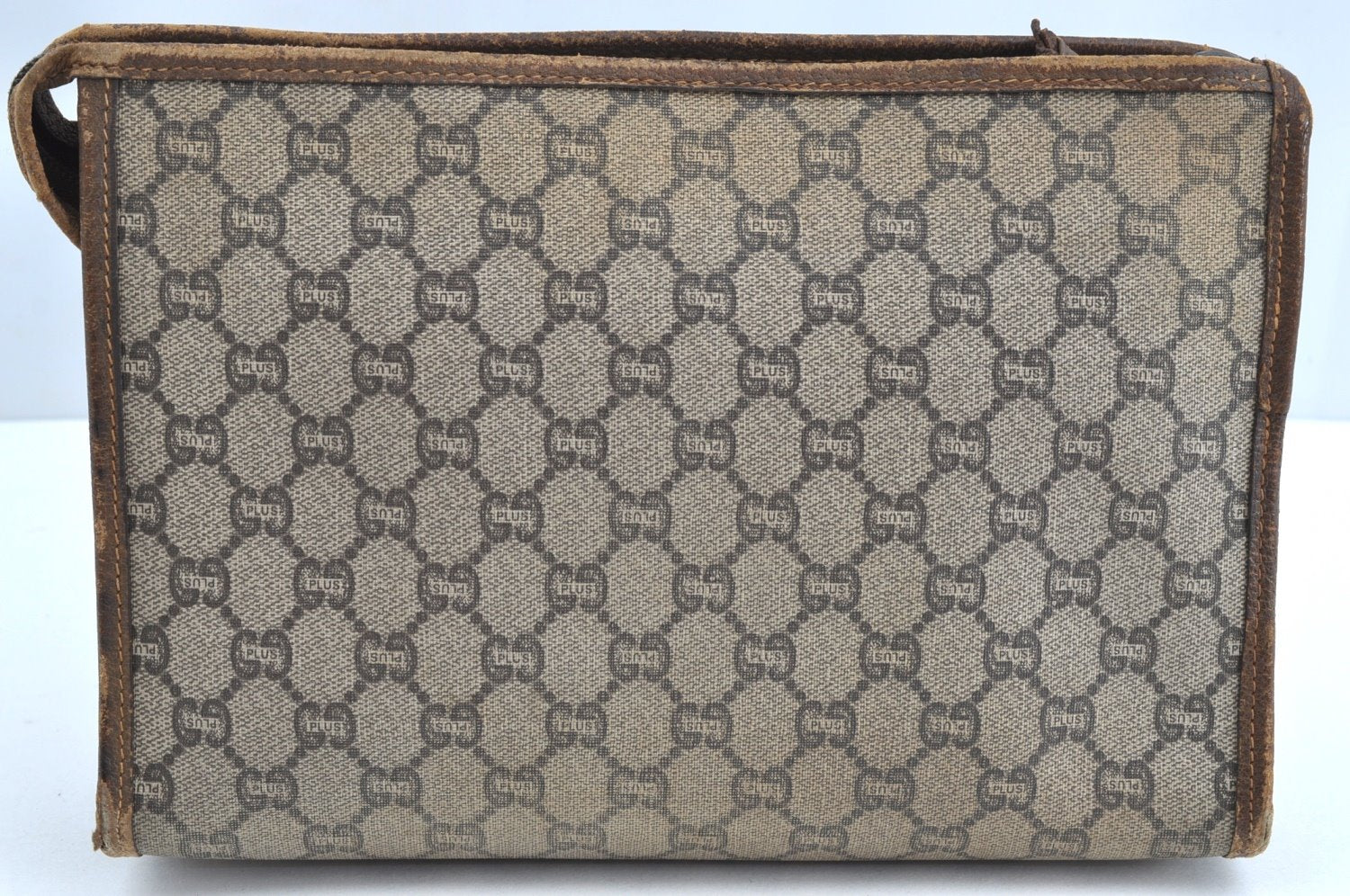 Authentic GUCCI Clutch Hand Bag Purse GG Plus PVC Leather Brown J9157