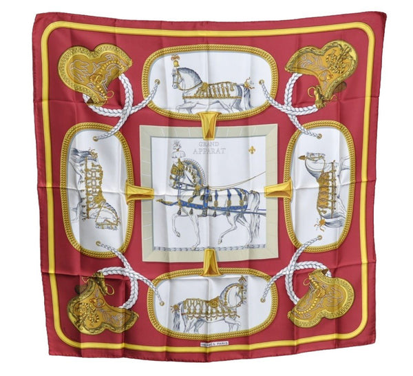 Authentic HERMES Carre 90 Scarf "GRAND APPARAT" Silk Bordeaux Red J9204