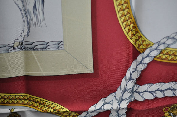 Authentic HERMES Carre 90 Scarf "GRAND APPARAT" Silk Bordeaux Red J9204