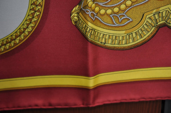Authentic HERMES Carre 90 Scarf "GRAND APPARAT" Silk Bordeaux Red J9204