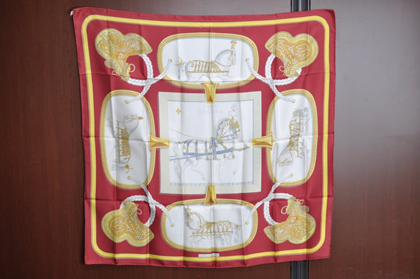 Authentic HERMES Carre 90 Scarf "GRAND APPARAT" Silk Bordeaux Red J9204