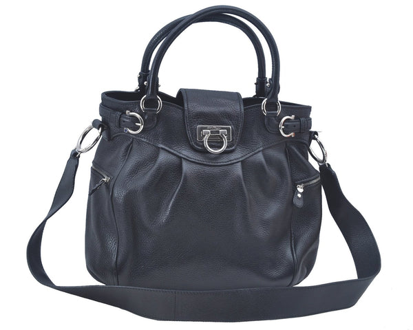 Authentic Salvatore Ferragamo Gancini Leather 2Way Shoulder Hand Bag Black J9206