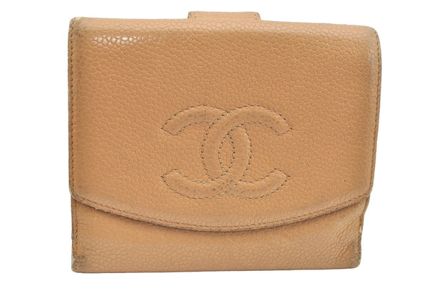 Authentic CHANEL Caviar Skin CC Logo Bifold Wallet Purse Beige J9213