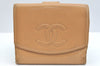 Authentic CHANEL Caviar Skin CC Logo Bifold Wallet Purse Beige J9213