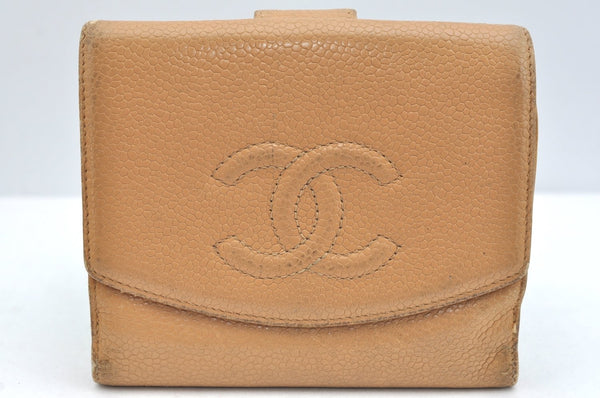 Authentic CHANEL Caviar Skin CC Logo Bifold Wallet Purse Beige J9213