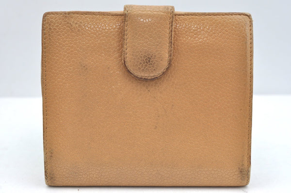 Authentic CHANEL Caviar Skin CC Logo Bifold Wallet Purse Beige J9213