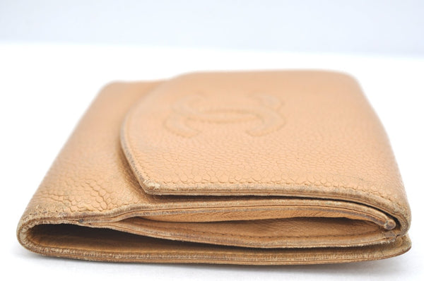 Authentic CHANEL Caviar Skin CC Logo Bifold Wallet Purse Beige J9213