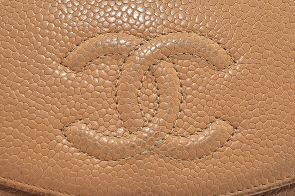 Authentic CHANEL Caviar Skin CC Logo Bifold Wallet Purse Beige J9213