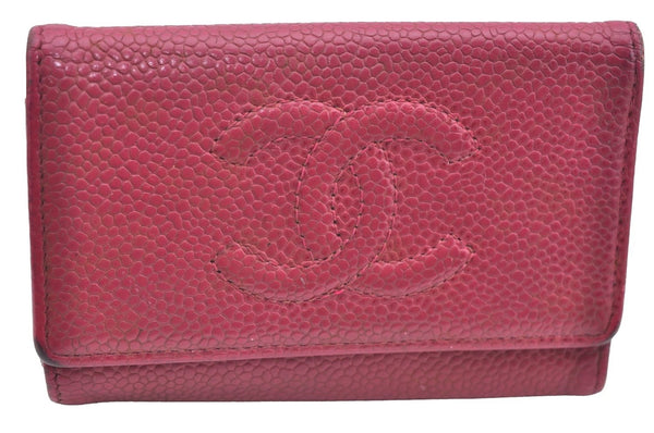 Authentic CHANEL Caviar Skin 5 Key Case Holder CC Logo Pink J9215