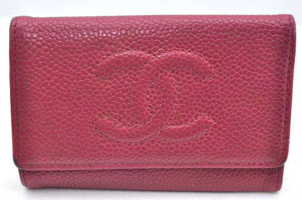 Authentic CHANEL Caviar Skin 5 Key Case Holder CC Logo Pink J9215