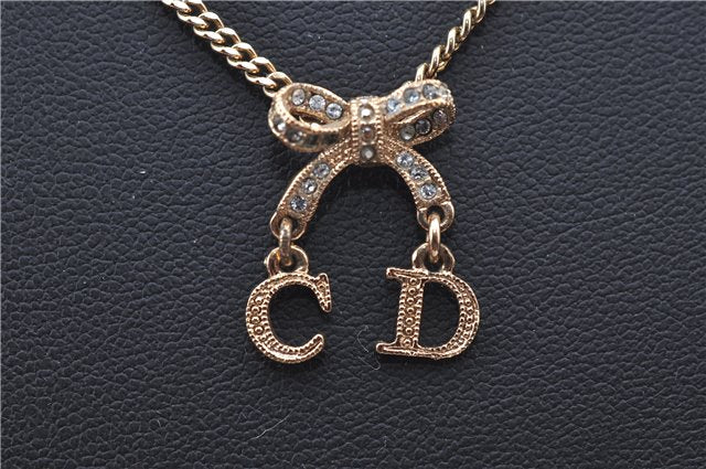 Authentic Christian Dior Gold Tone Ribbon Chain Pendant Necklace CD J9334