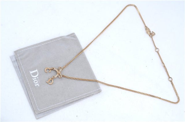 Authentic Christian Dior Gold Tone Ribbon Chain Pendant Necklace CD J9334