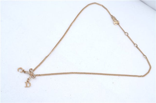 Authentic Christian Dior Gold Tone Ribbon Chain Pendant Necklace CD J9334