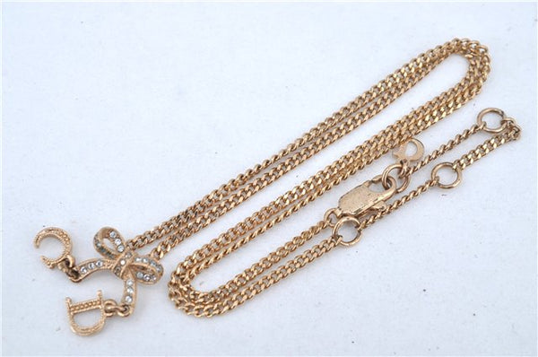 Authentic Christian Dior Gold Tone Ribbon Chain Pendant Necklace CD J9334