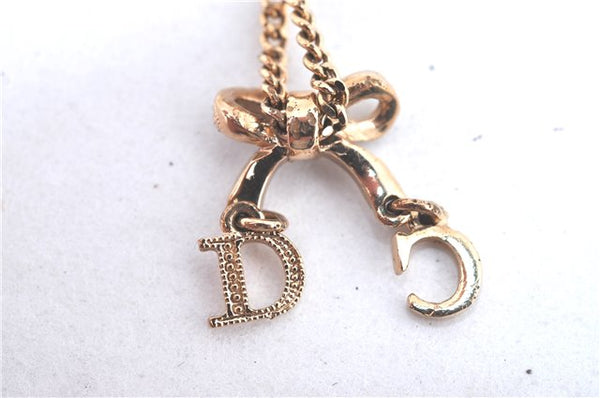 Authentic Christian Dior Gold Tone Ribbon Chain Pendant Necklace CD J9334