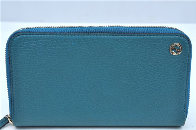 Authentic GUCCI Interlocking G Long Zippy Wallet Purse Leather 449347 Blue J9355