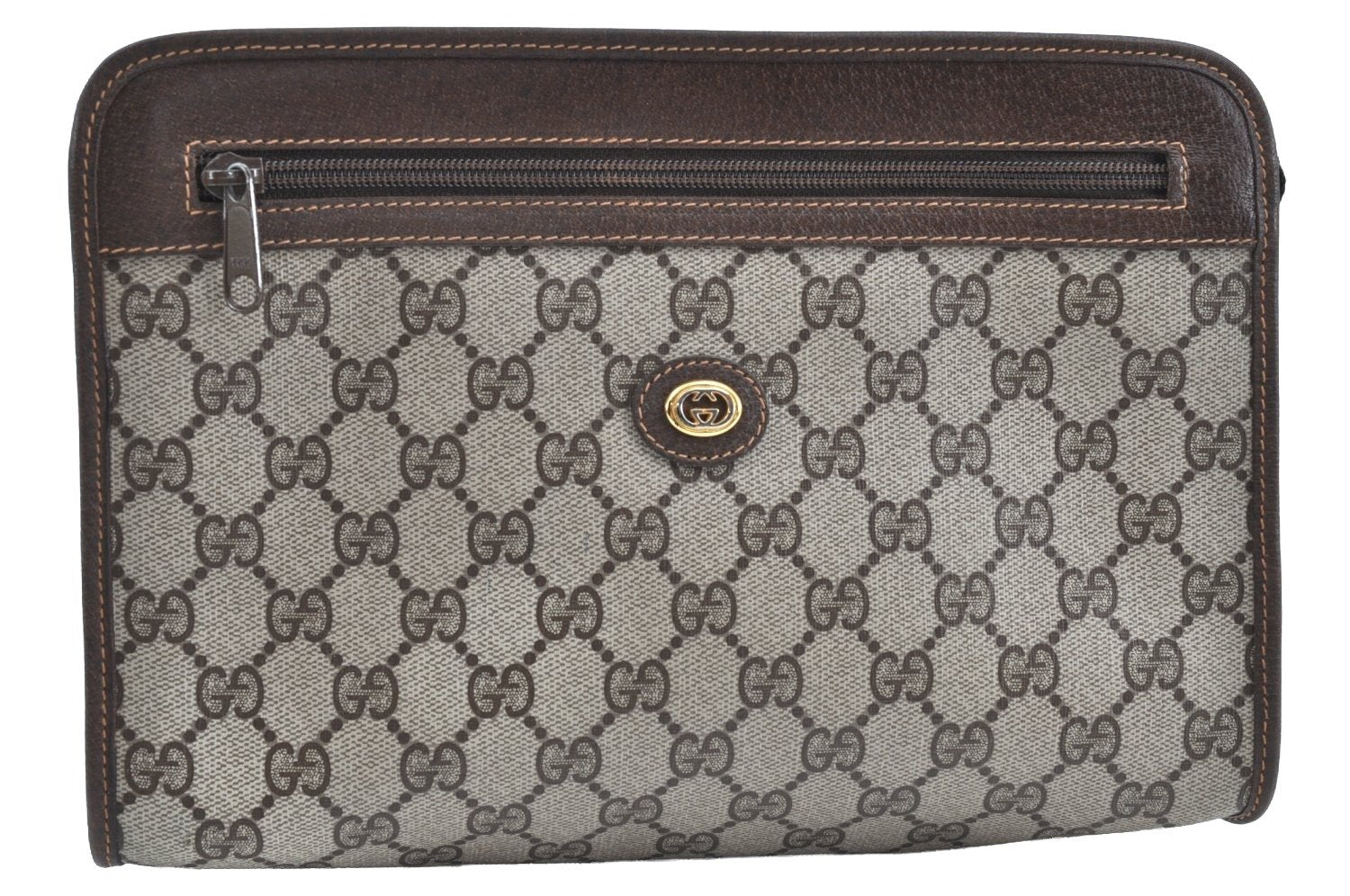 Authentic GUCCI Clutch Hand Bag Purse GG PVC Leather Brown Junk J9394