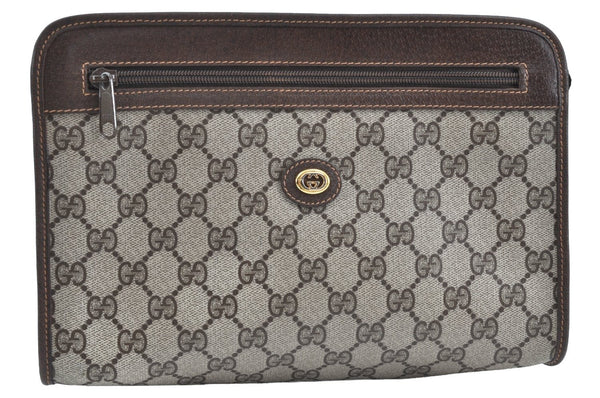 Authentic GUCCI Clutch Hand Bag Purse GG PVC Leather Brown Junk J9394