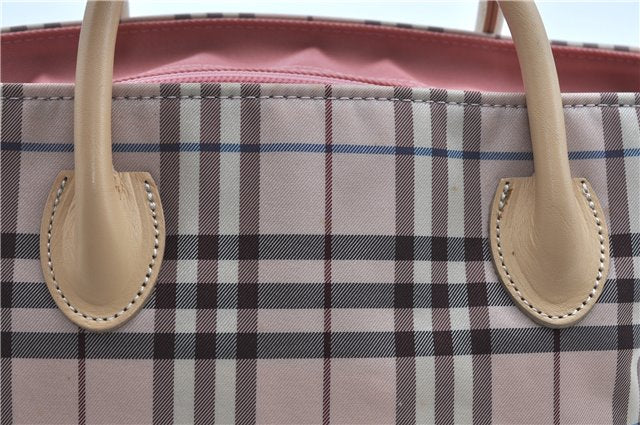 Authentic BURBERRY BLUE LABEL Check Hand Bag Purse Nylon Leather Pink J9404