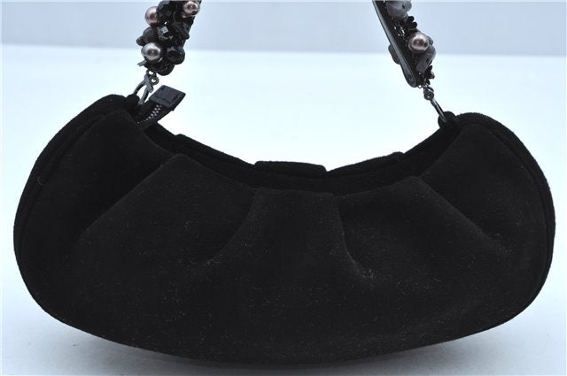 Auth Ferragamo Gancini Suede Leather Beads Shoulder Hand Bag Purse Black J9410