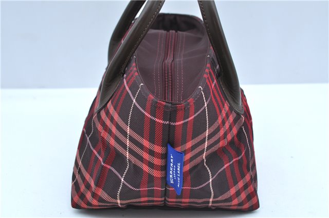 Authentic BURBERRY BLUE LABEL Check Hand Bag Purse Nylon Leather Red Brown J9414