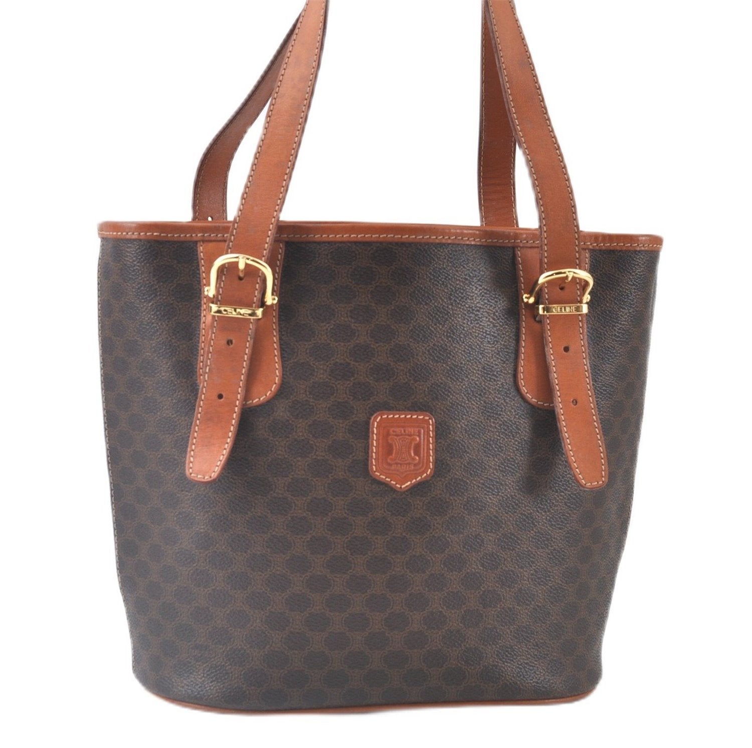 Authentic CELINE Macadam Blason Shoulder Tote Bag Purse PVC Leather Brown J9424