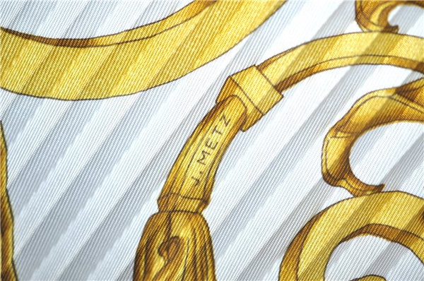 Authentic HERMES Pleats Scarf "LES TUILERIES" Silk White Gold Box J9509