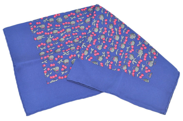 Auth HERMES Petit Carre 40 Scarf Handkerchief Cherry Pattern Silk Navy J9518