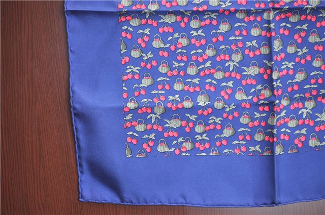 Auth HERMES Petit Carre 40 Scarf Handkerchief Cherry Pattern Silk Navy J9518