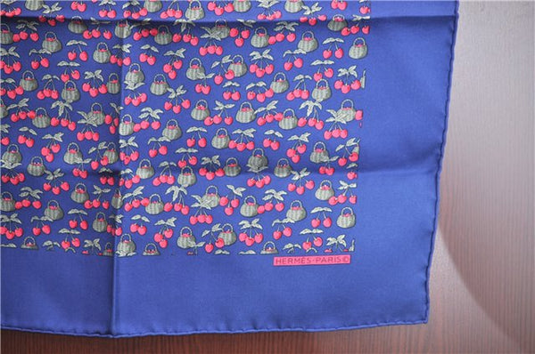 Auth HERMES Petit Carre 40 Scarf Handkerchief Cherry Pattern Silk Navy J9518