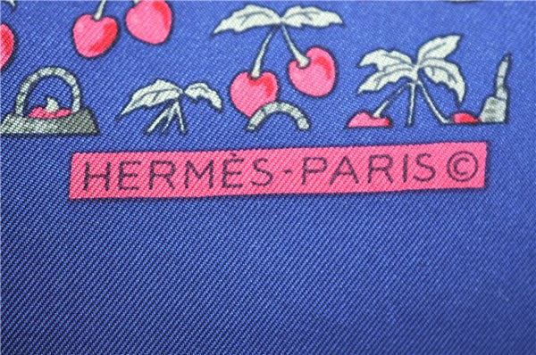 Auth HERMES Petit Carre 40 Scarf Handkerchief Cherry Pattern Silk Navy J9518