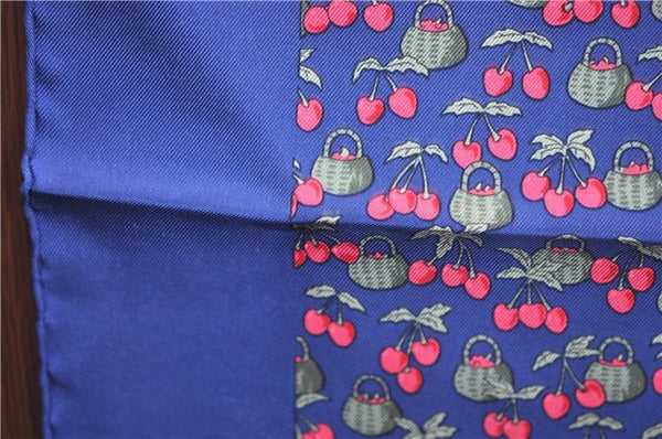 Auth HERMES Petit Carre 40 Scarf Handkerchief Cherry Pattern Silk Navy J9518