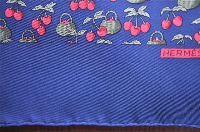Auth HERMES Petit Carre 40 Scarf Handkerchief Cherry Pattern Silk Navy J9518