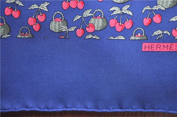 Auth HERMES Petit Carre 40 Scarf Handkerchief Cherry Pattern Silk Navy J9518