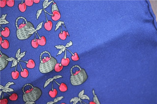 Auth HERMES Petit Carre 40 Scarf Handkerchief Cherry Pattern Silk Navy J9518