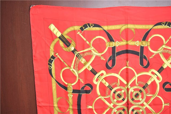 Authentic HERMES Carre 90 Scarf "EPERON D'OR" Silk Red J9521