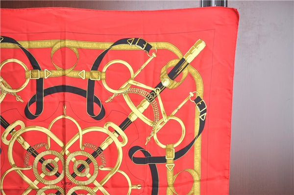 Authentic HERMES Carre 90 Scarf "EPERON D'OR" Silk Red J9521