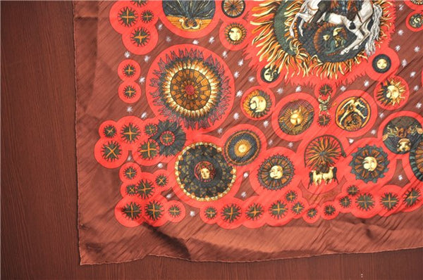 Authentic HERMES Pleats Scarf "LE ROY SOLEIL" Silk Brown J9525