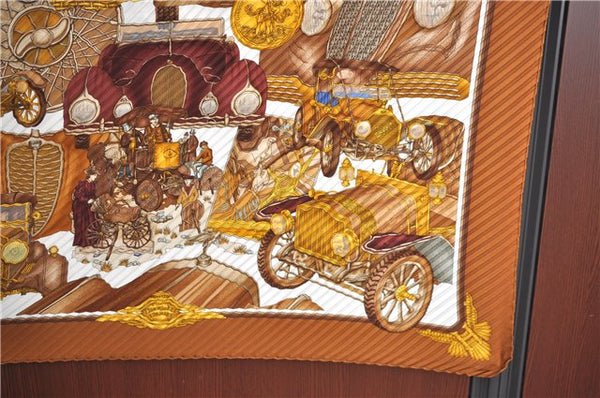 Authentic HERMES Pleats Scarf "AUTOMOBILE" Silk Brown Box J9530