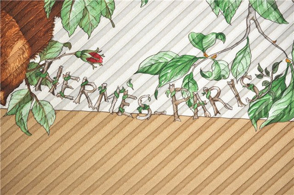 Authentic HERMES Pleats Scarf "AU COEUR DES BOIS" Silk Beige Box J9531