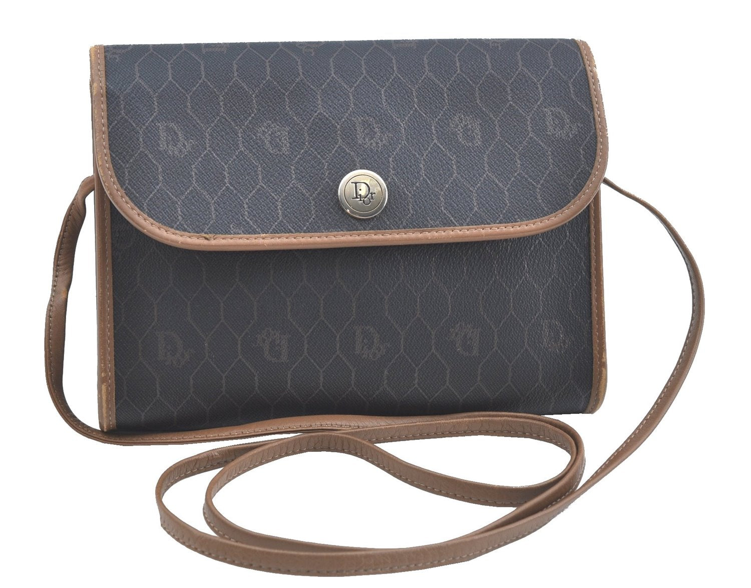 Authentic Christian Dior Honeycomb Shoulder Cross Bag PVC Leather Black CD J9540