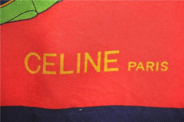 Authentic CELINE Scarf Belt Motif Silk Navy Blue Red J9541