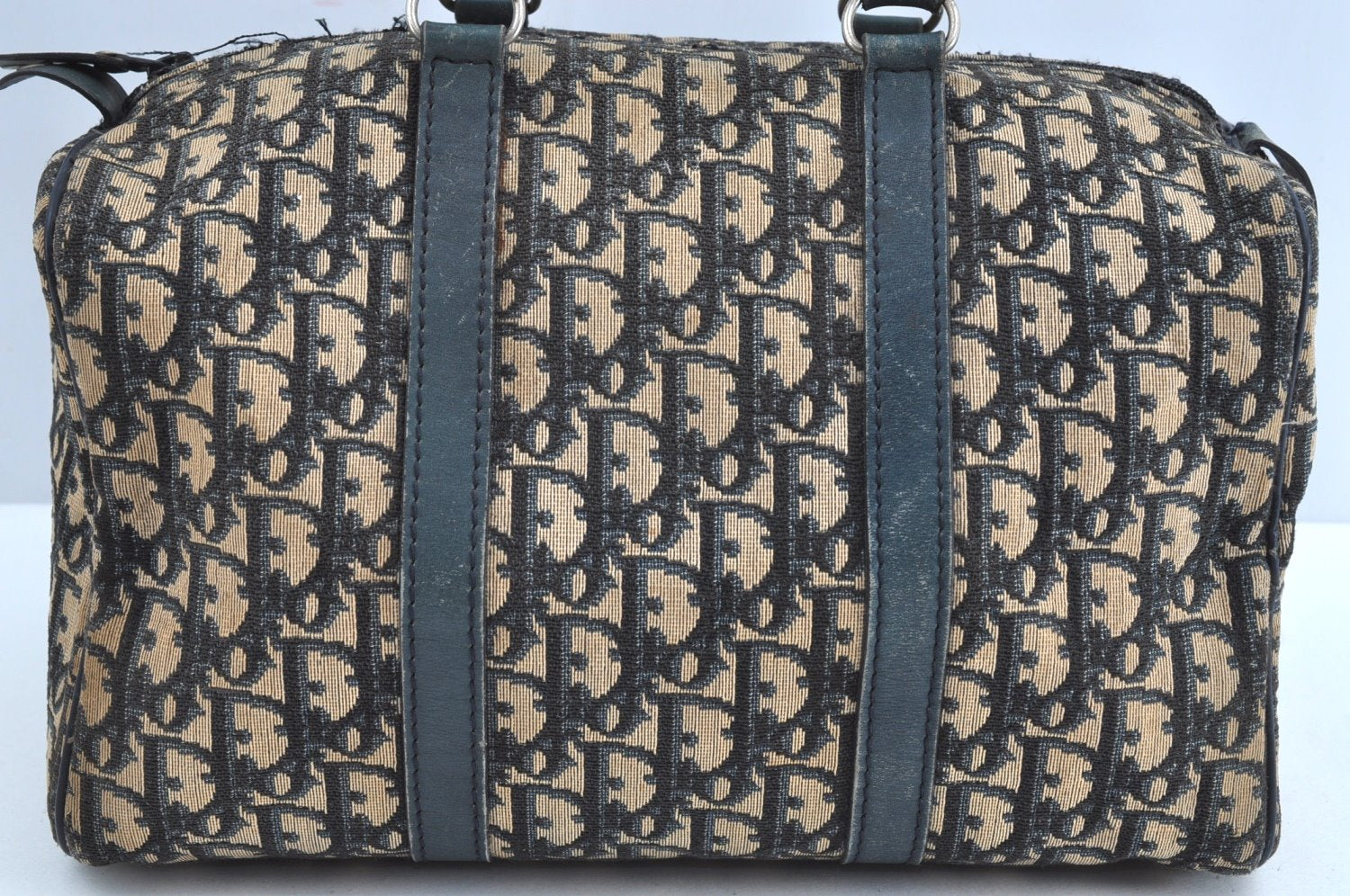 Authentic Christian Dior Trotter Hand Boston Bag Purse Canvas Leather Blue J9550