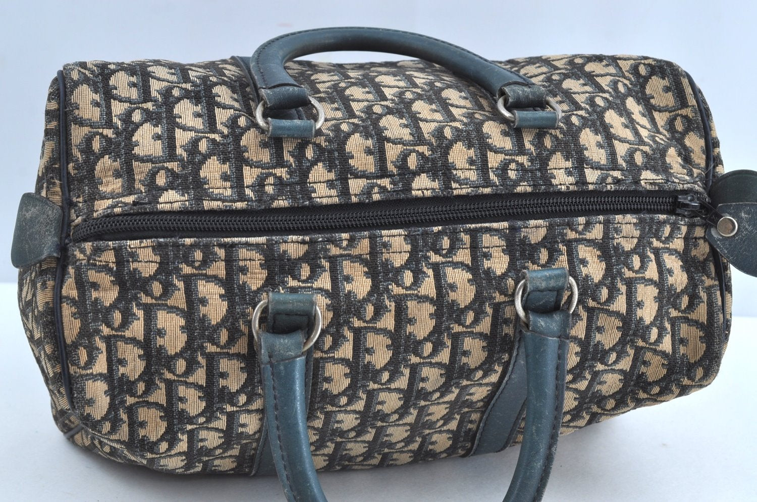 Authentic Christian Dior Trotter Hand Boston Bag Purse Canvas Leather Blue J9550