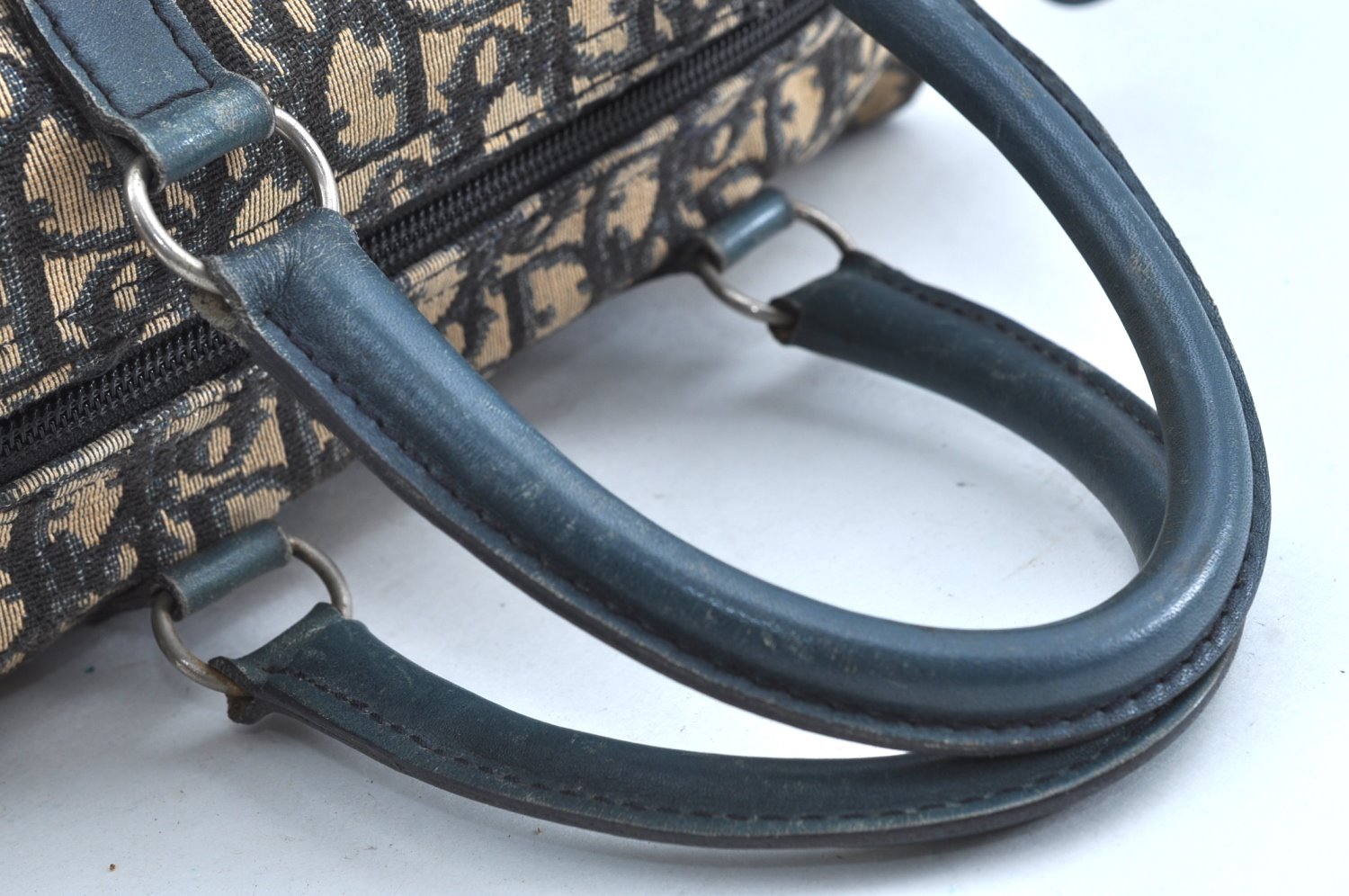Authentic Christian Dior Trotter Hand Boston Bag Purse Canvas Leather Blue J9550