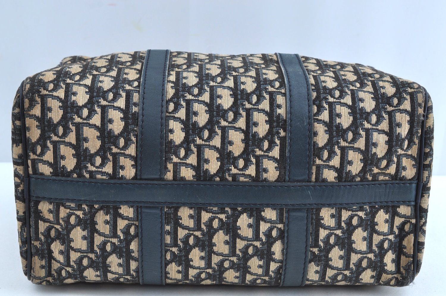 Authentic Christian Dior Trotter Hand Boston Bag Purse Canvas Leather Blue J9550